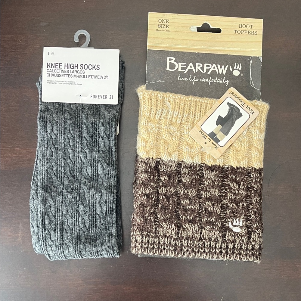 BearPaw Brown and Cream Boot Toppers with Charcoal Knee High Socks